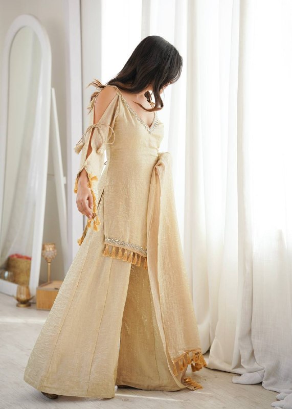 Champagne Gold Mirror Work Party Wear Palazzo Suit Set for Women