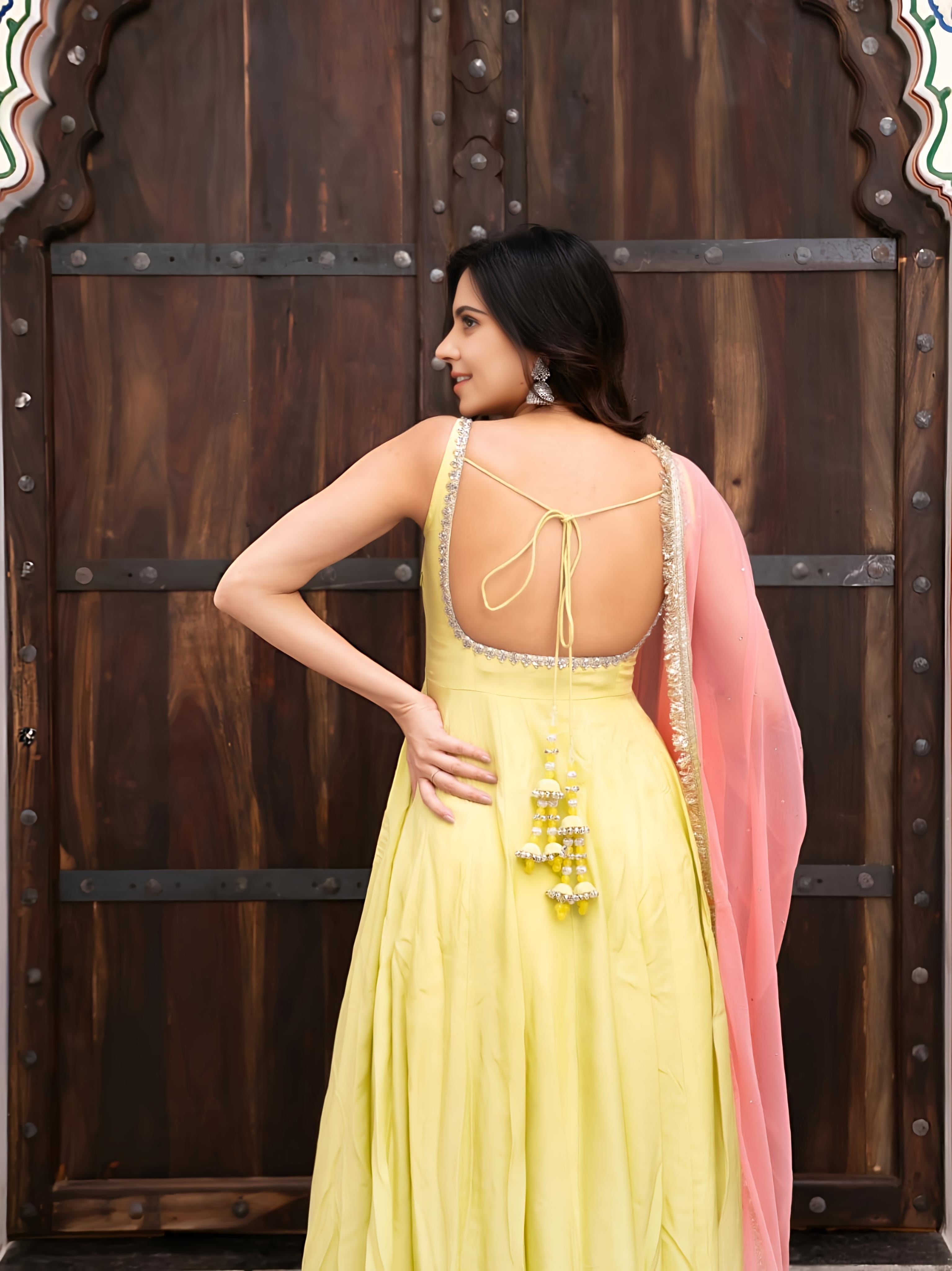 Lemon Yellow Anarkali Gown Suit with Pink Dupatta Set
