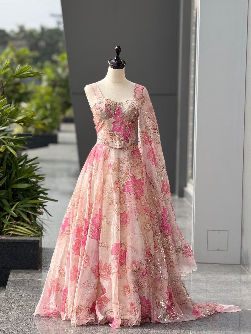 Ivory Pink Floral Organza Silk Fully Stitched Lehenga Choli with Dupatta For Women | Wedding Outfits For Women