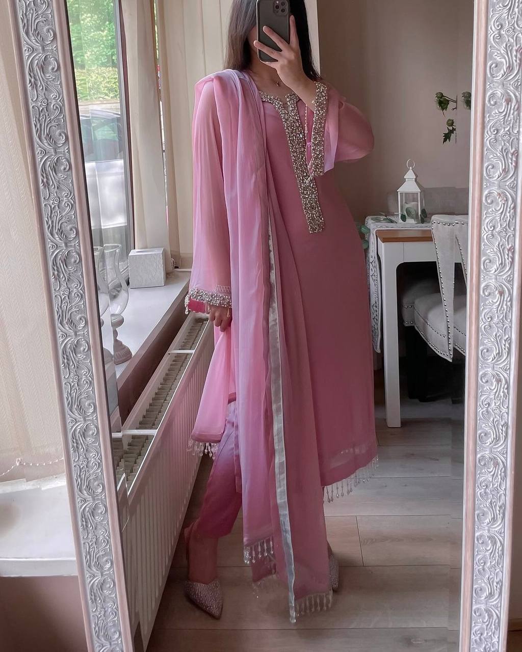 Designer Moti Handwork Georgette Pakistani Suit Set with Pant & Dupatta for Women