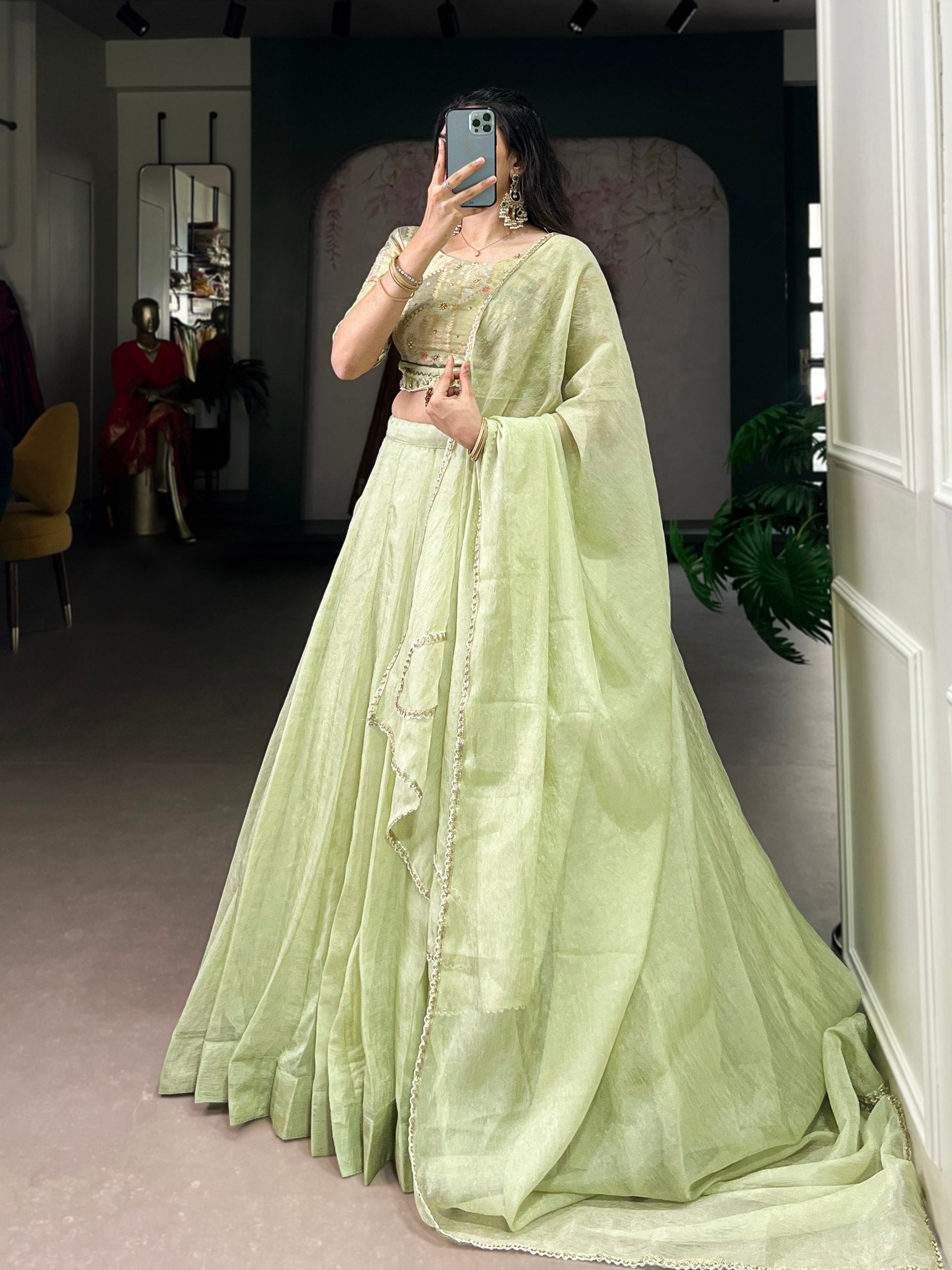 Pastel Green Allen Crush Stitched Lehenga Choli Set