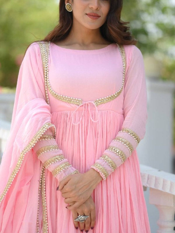 Blush Pink Vichitra Silk Anarkali Suit Set with Pant & Dupatta