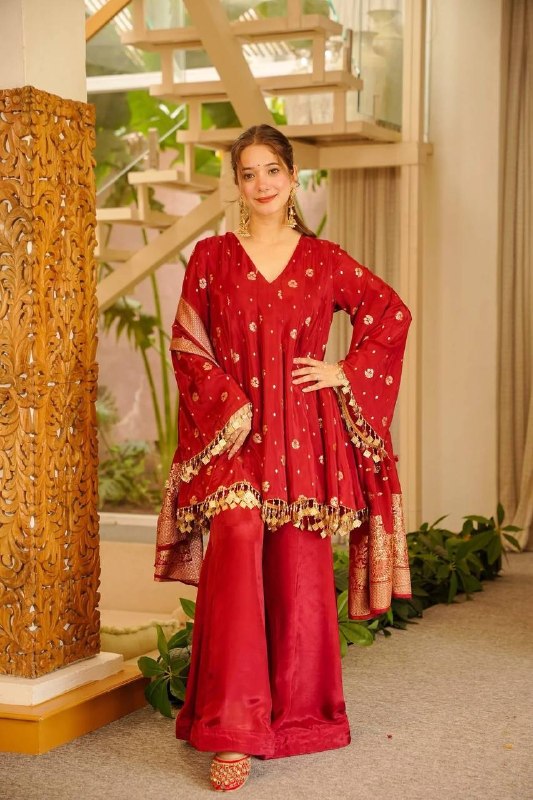 Wine Maroon Festive Silk Top Palazzo Suit Set with Banarasi Dupatta