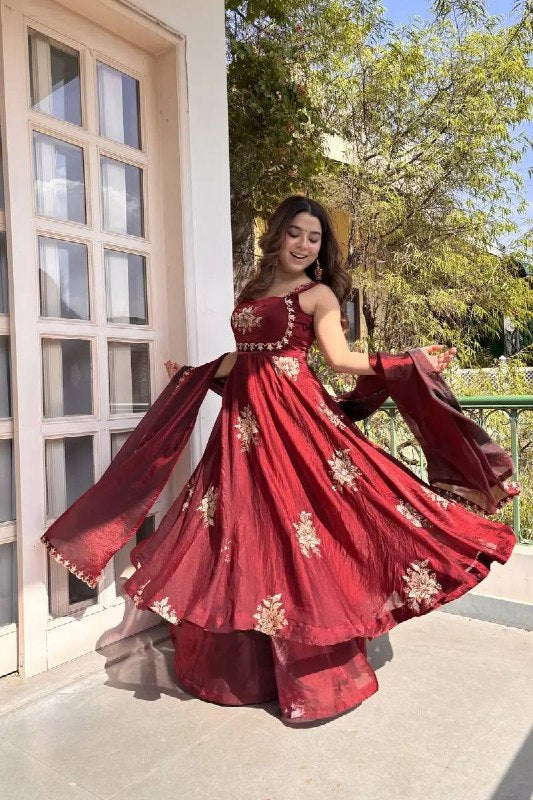 Wine Maroon Fendy Silk Anarkali Palazzo Suit Set with Dupatta for Women