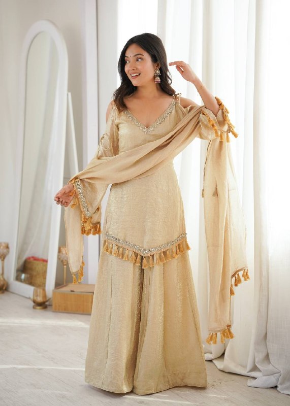 Champagne Gold Mirror Work Party Wear Palazzo Suit Set for Women