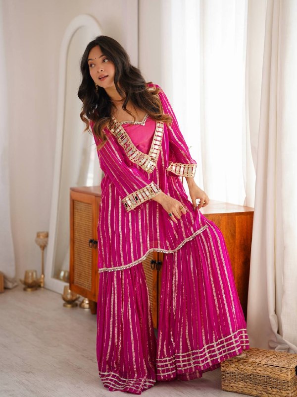 Festive Rani Pink Mirror Work Sharara Suit Set for Women | Mehendi, Haldi & Festive Outfit