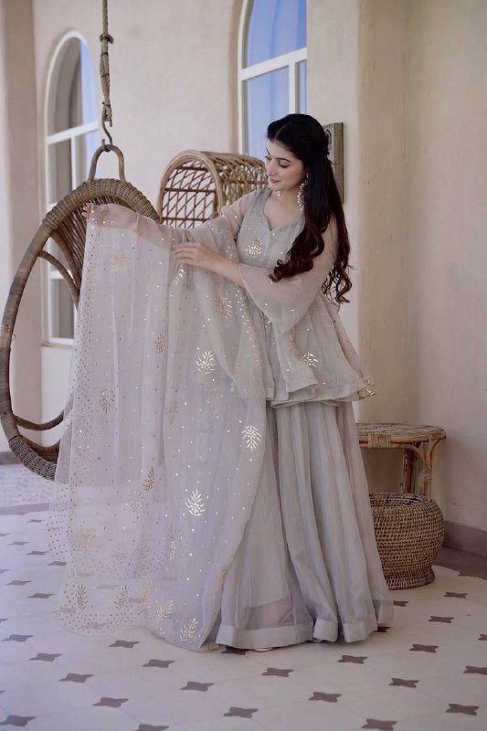 Party Wear Silver Grey Foil Work Peplum Palazzo Suit Set with Dupatta