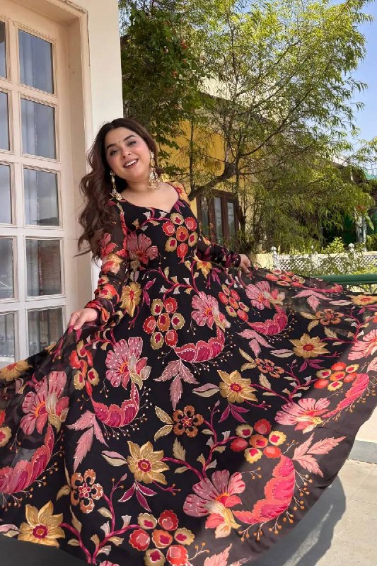 Festive Wear Black Floral Designer Anarkali Suit with Organza Dupatta For Women