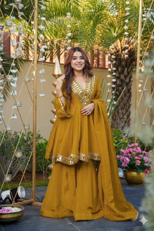 Premium Cream Cosmos Fabric Mirror Work Anarkali Palazzo Set