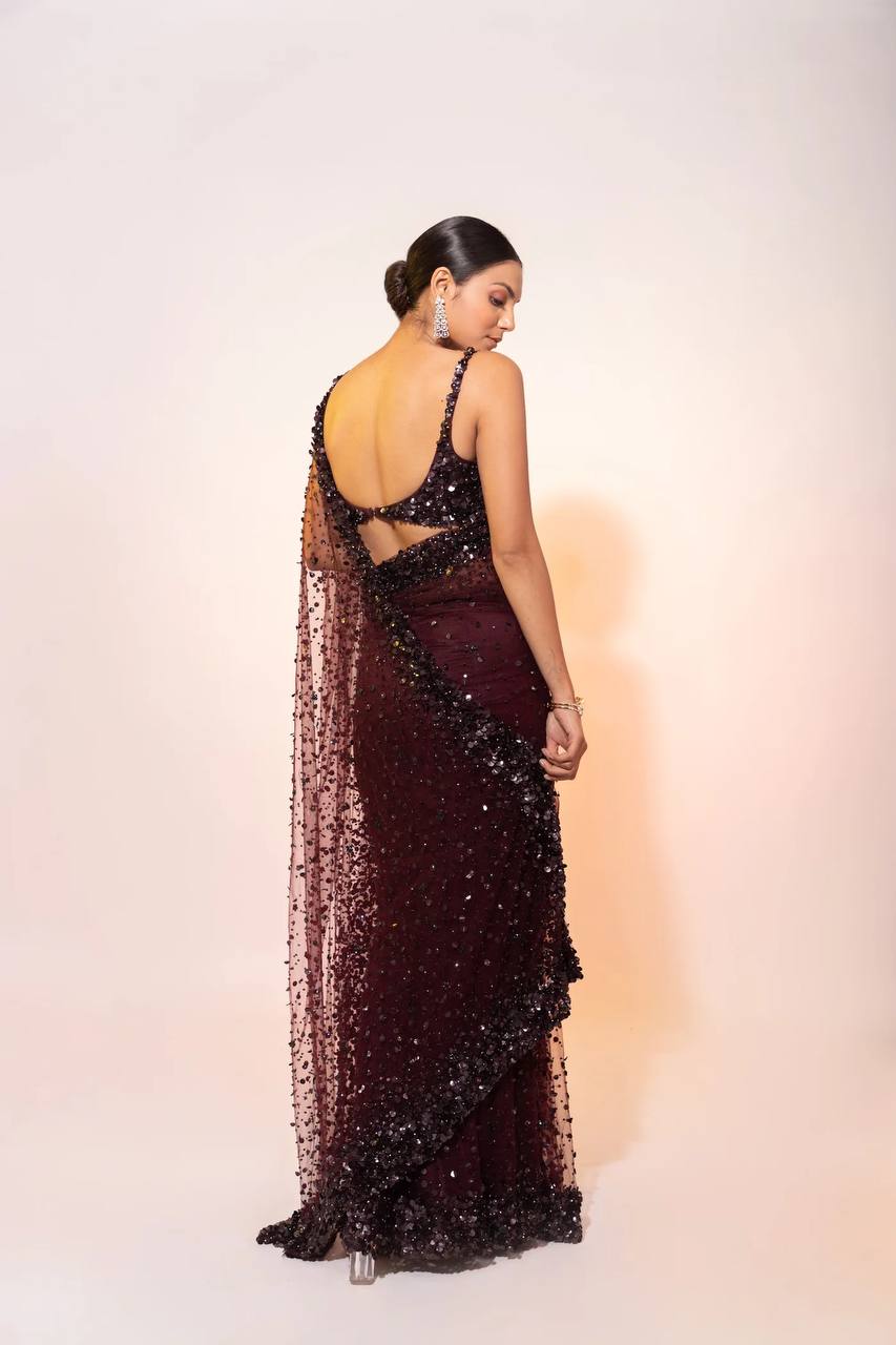 Dark Brown Sequin Net Saree with Blouse | Cocktail & Reception Wear