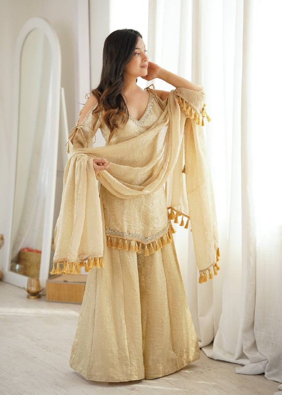 Champagne Gold Mirror Work Party Wear Palazzo Suit Set for Women