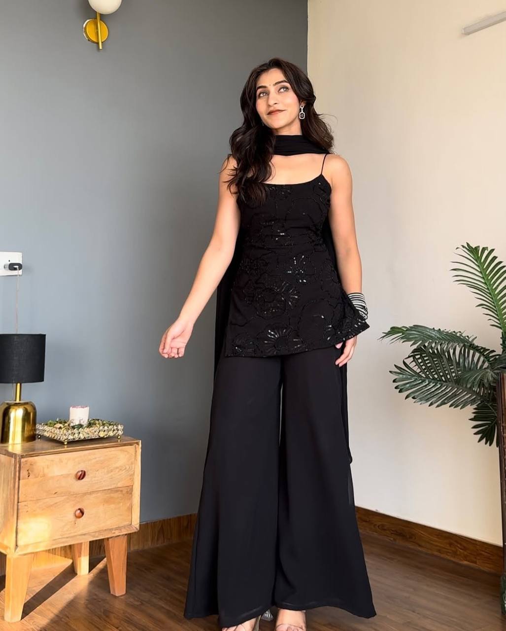Black Sequin Palazzo Suit with Dupatta for Women