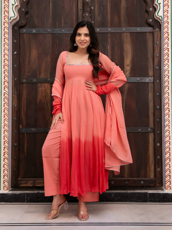 Peach Pink Mirror Work Anarkali Suit Set with Dupatta For Women
