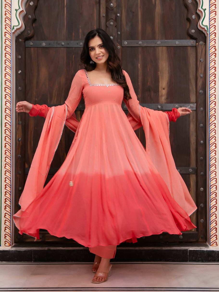 Peach Pink Mirror Work Anarkali Suit Set with Dupatta For Women