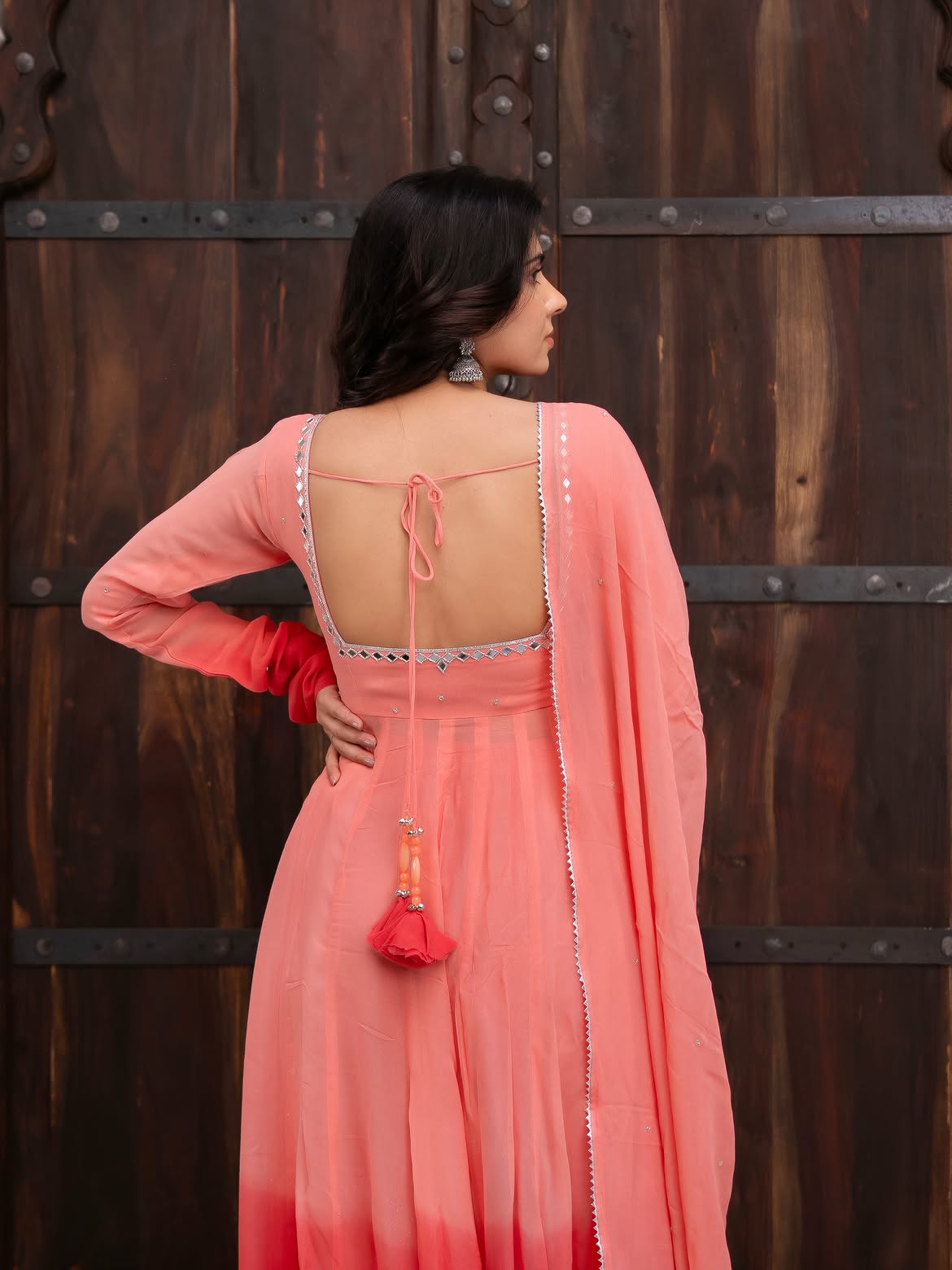 Peach Pink Mirror Work Anarkali Suit Set with Dupatta For Women
