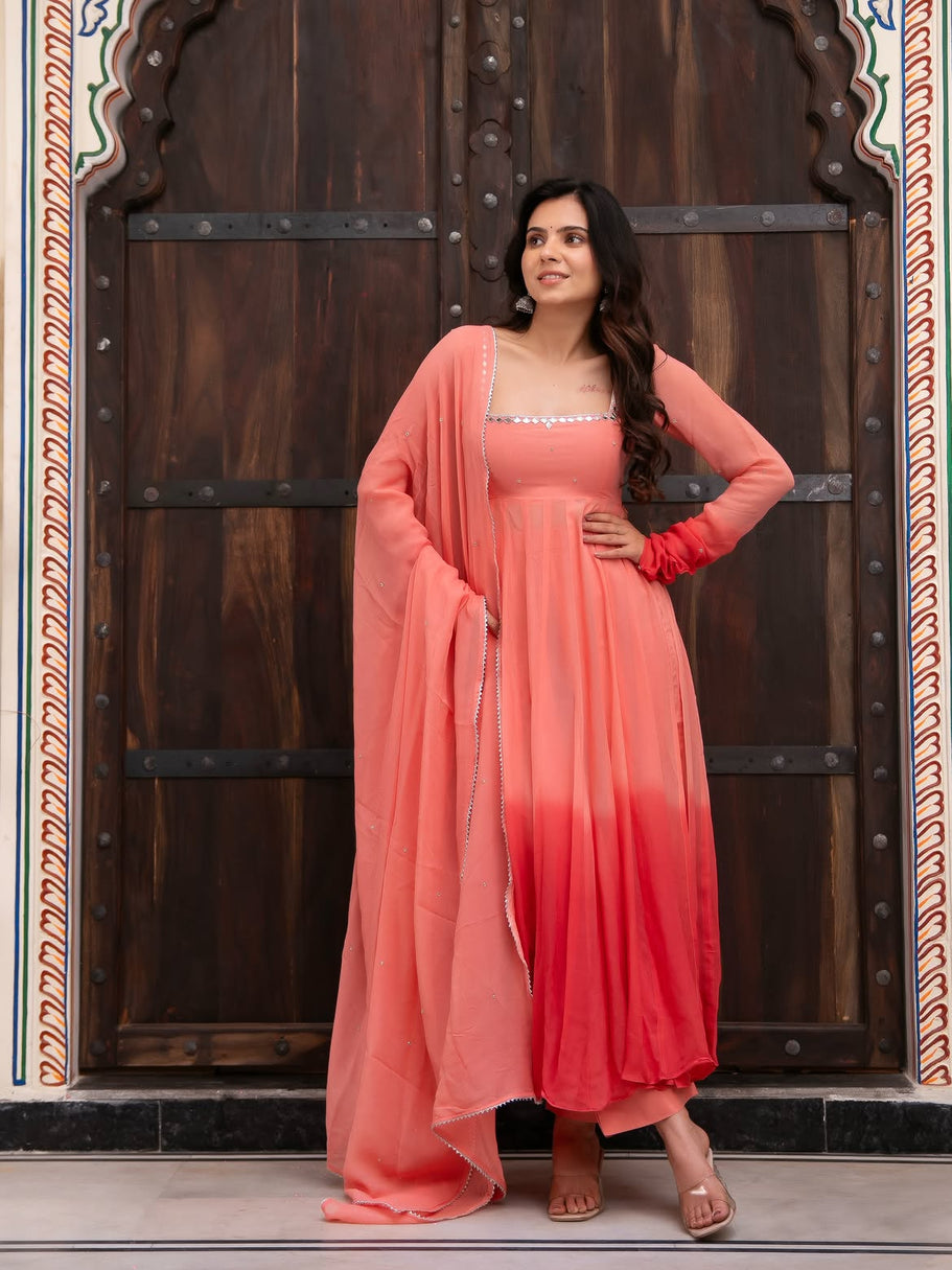 Peach Pink Mirror Work Anarkali Suit Set with Dupatta For Women