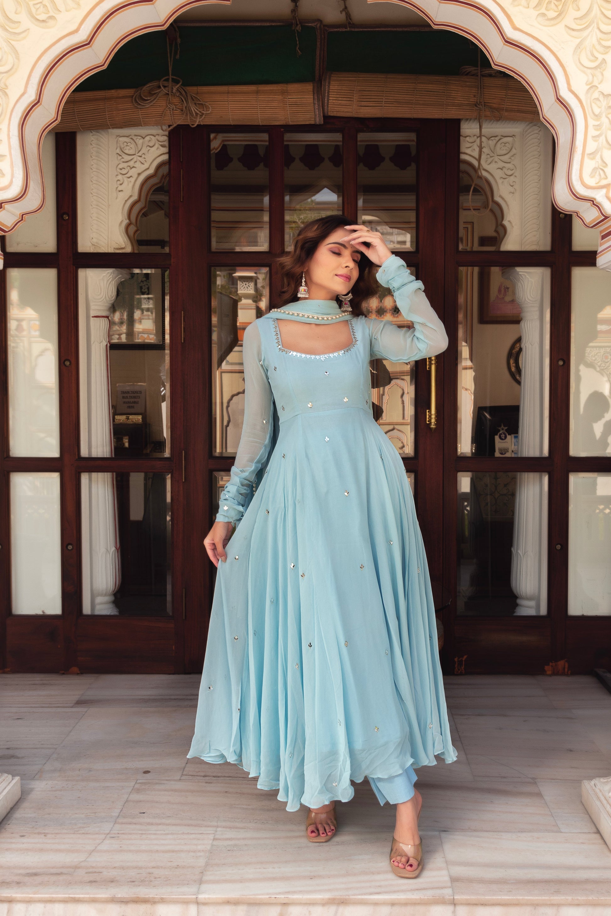 Sky Blue Mirror Work Anarkali Suit Set with  Dupatta for Women