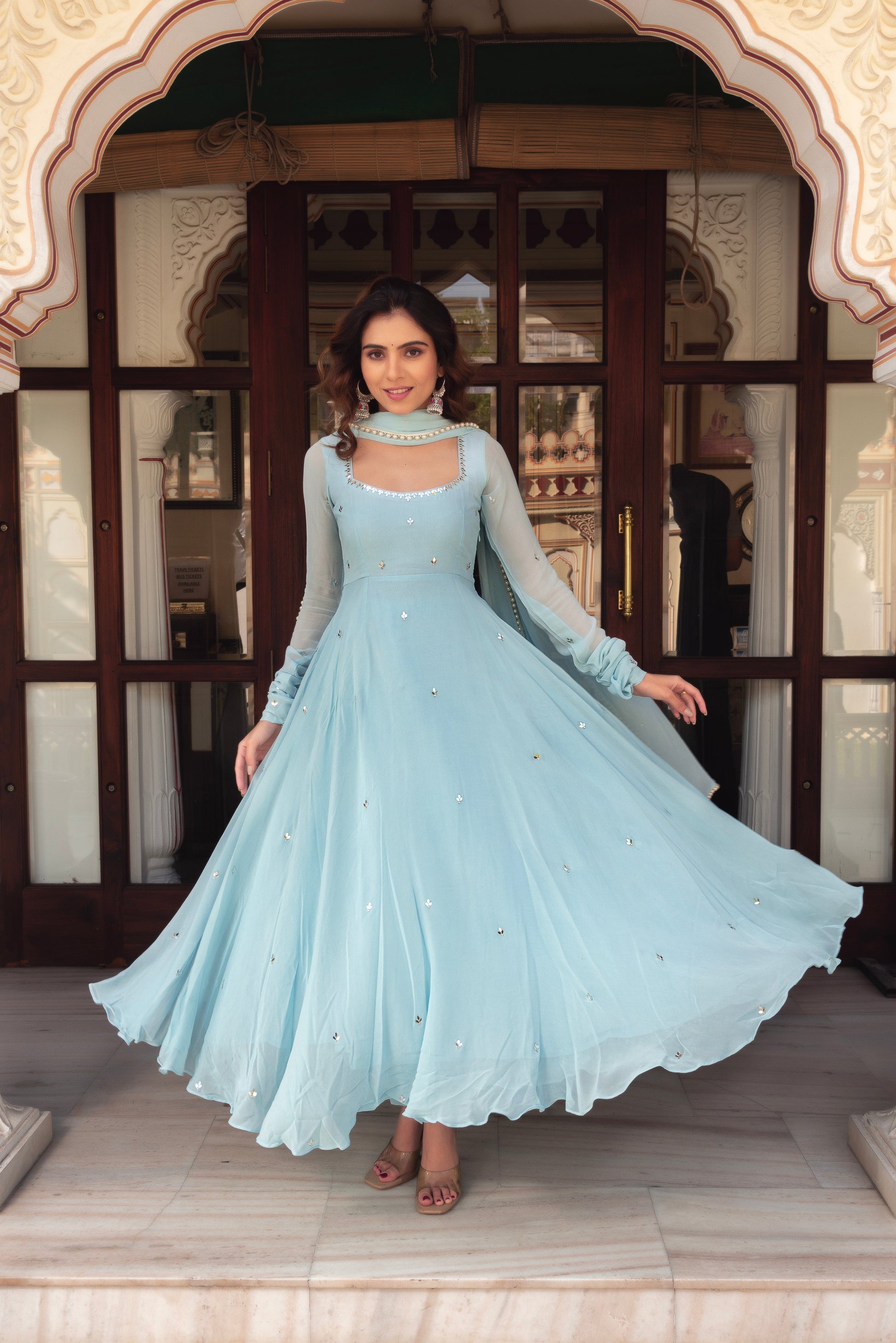 Sky Blue Mirror Work Anarkali Suit Set with  Dupatta for Women