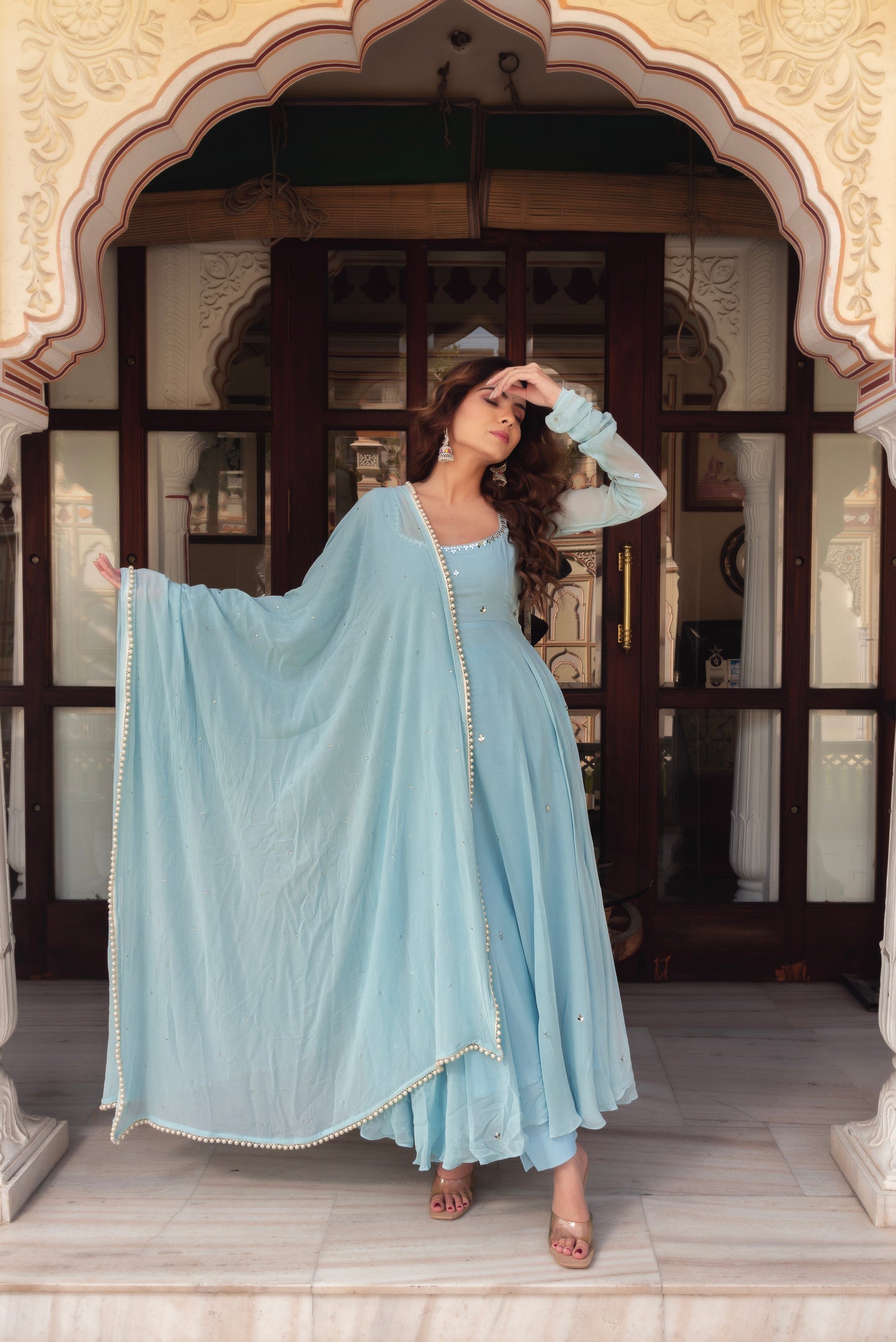 Sky Blue Mirror Work Anarkali Suit Set with  Dupatta for Women