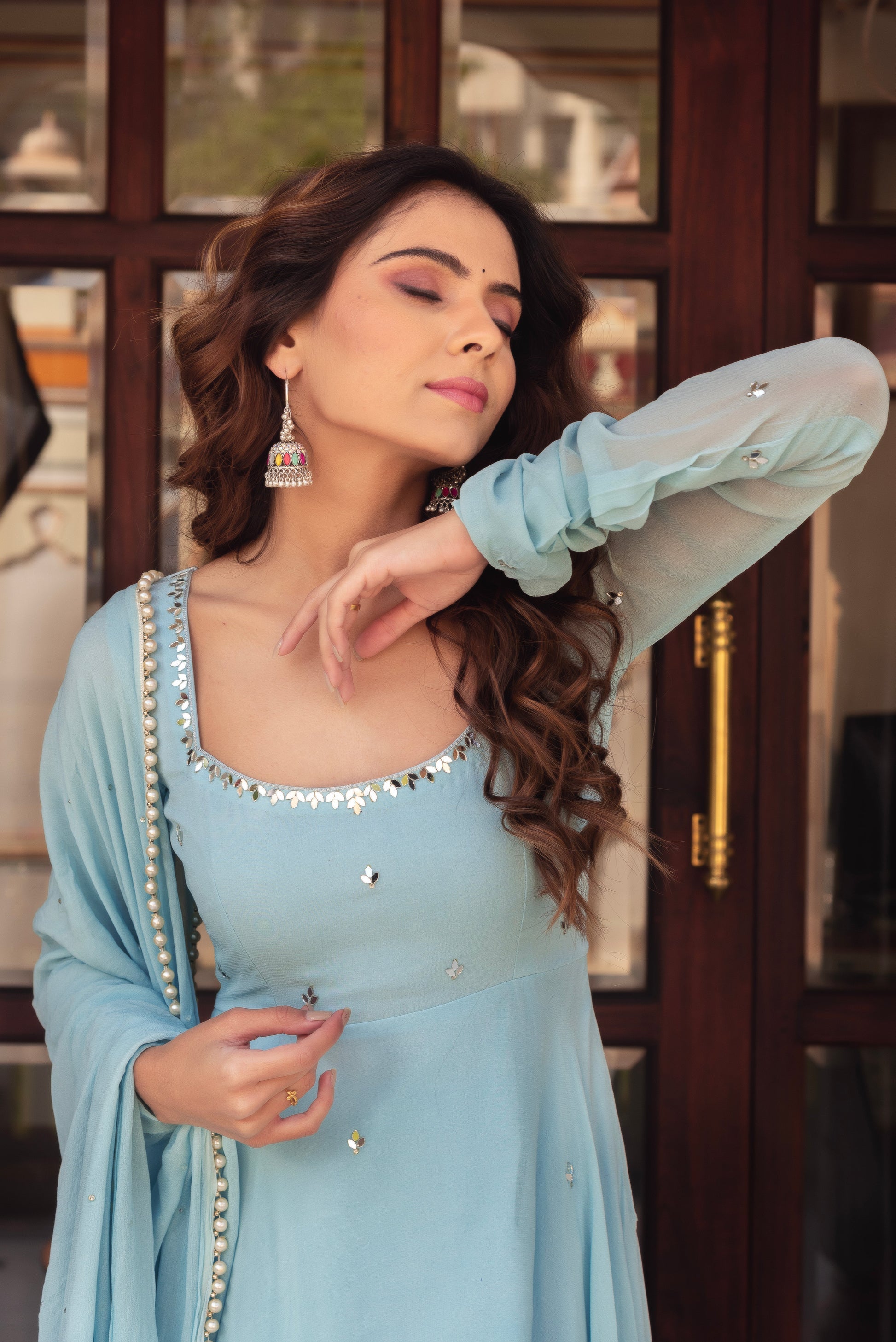 Sky Blue Mirror Work Anarkali Suit Set with  Dupatta for Women