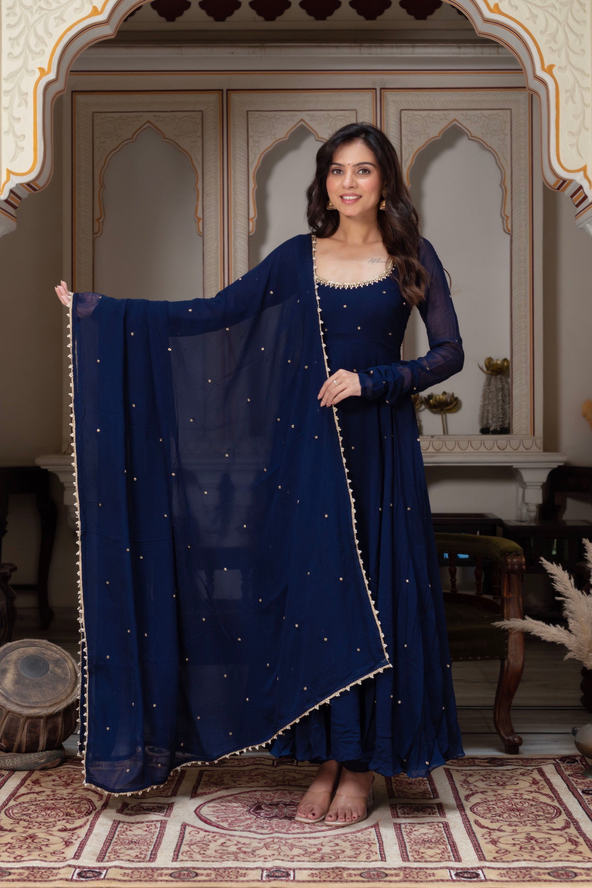Party Wear Navy Blue Anarkali Suit Set with Dupatta for Women