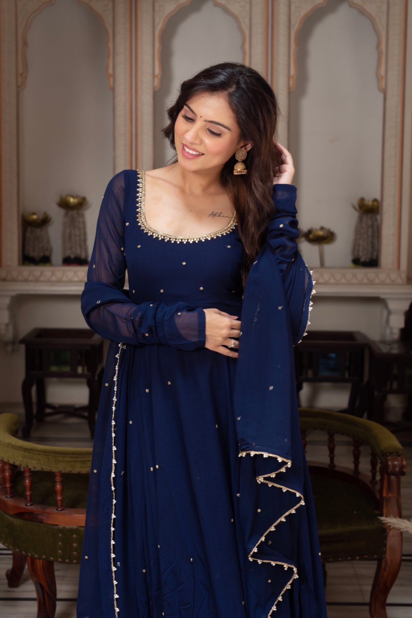 Party Wear Navy Blue Anarkali Suit Set with Dupatta for Women