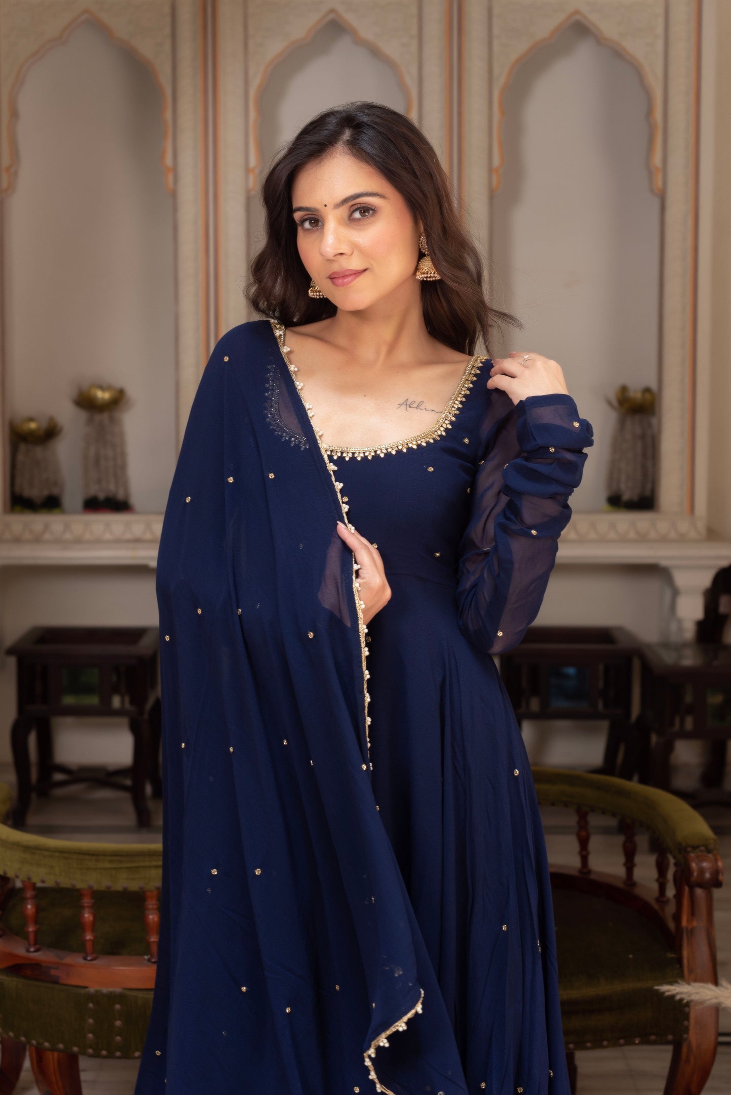 Party Wear Navy Blue Anarkali Suit Set with Dupatta for Women