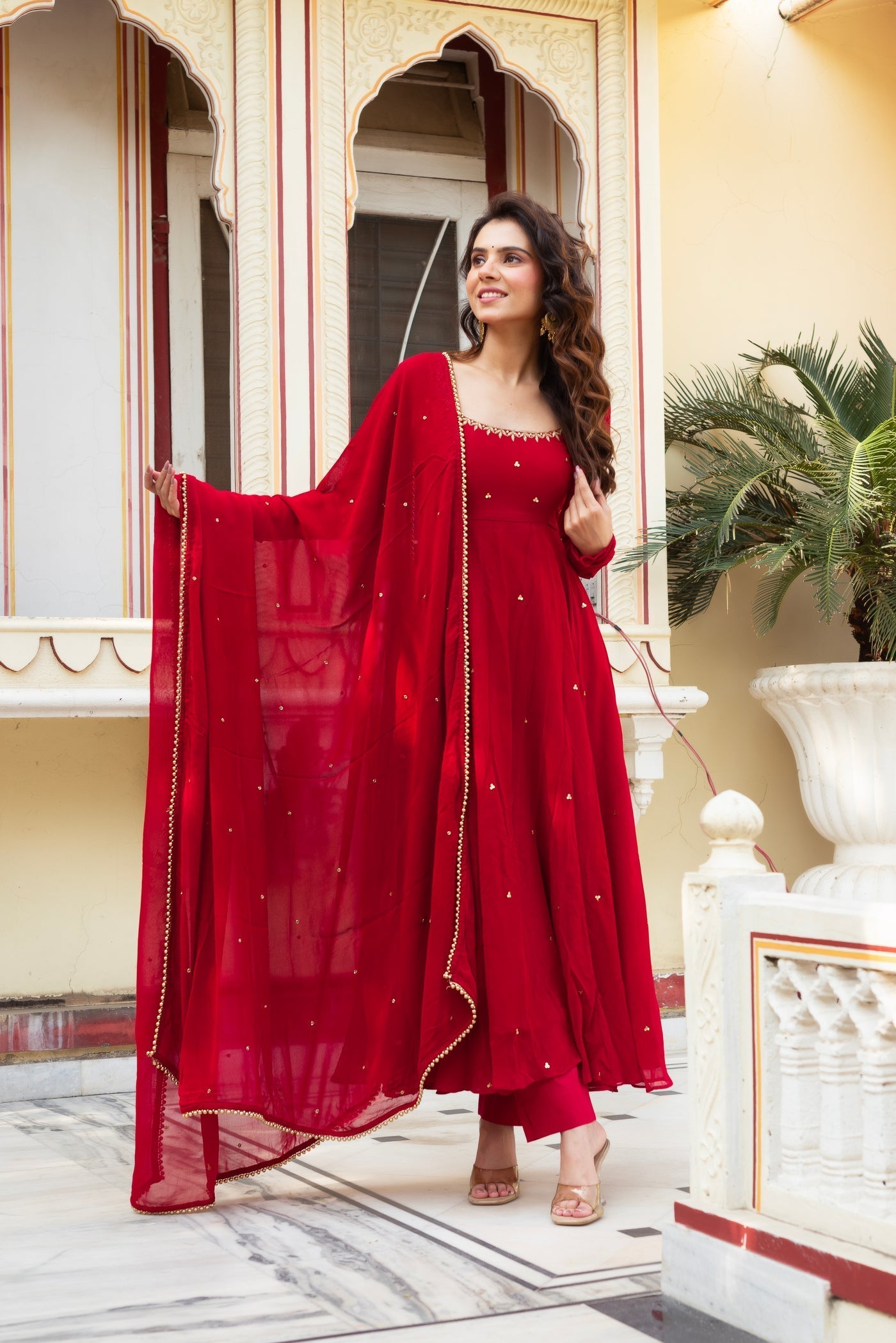 Festive Red Georgette Anarkali Suit Set with Dupatta for Women