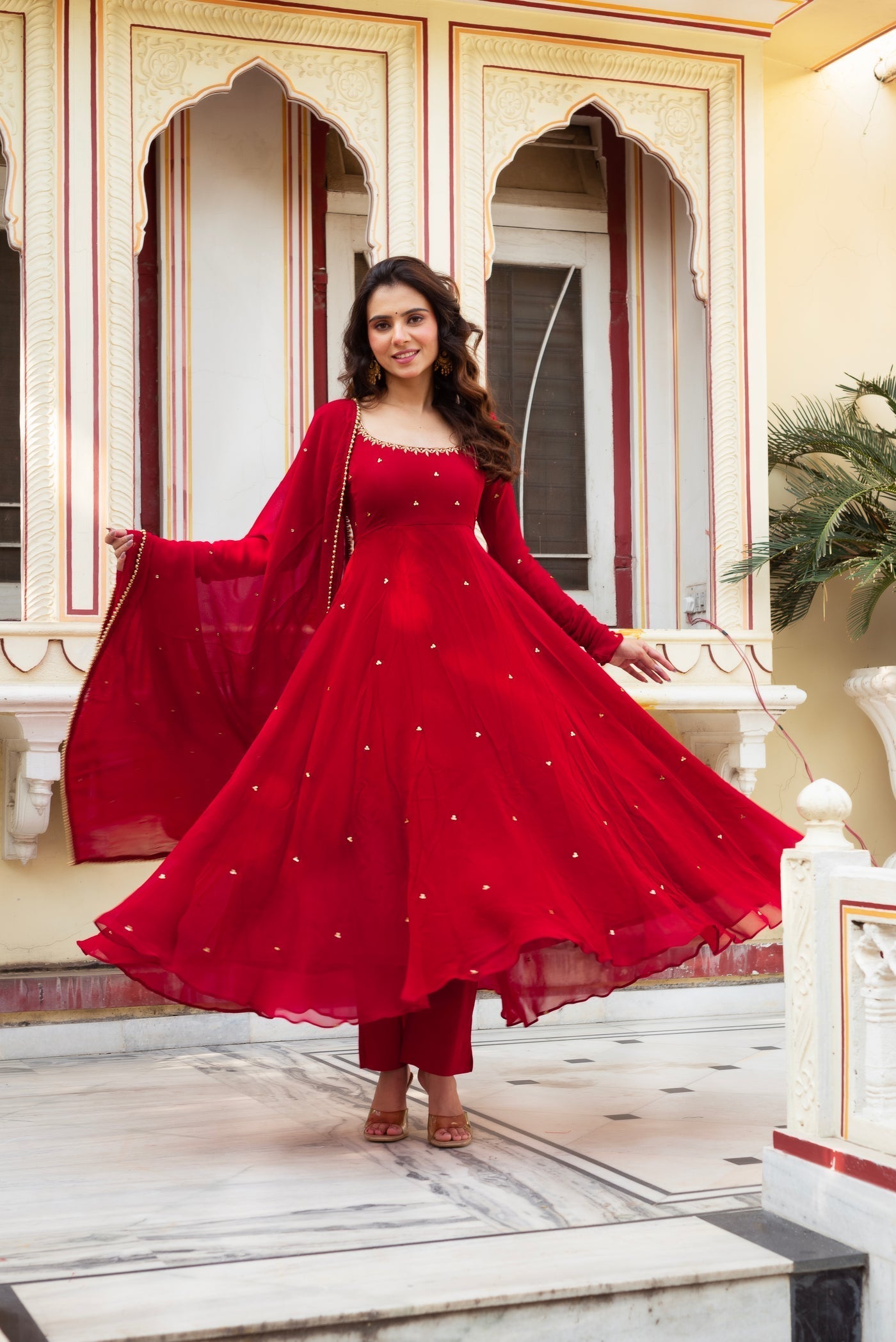 Festive Red Georgette Anarkali Suit Set with Dupatta for Women