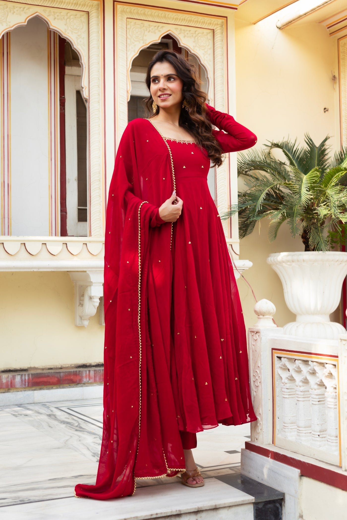 Festive Red Georgette Anarkali Suit Set with Dupatta for Women