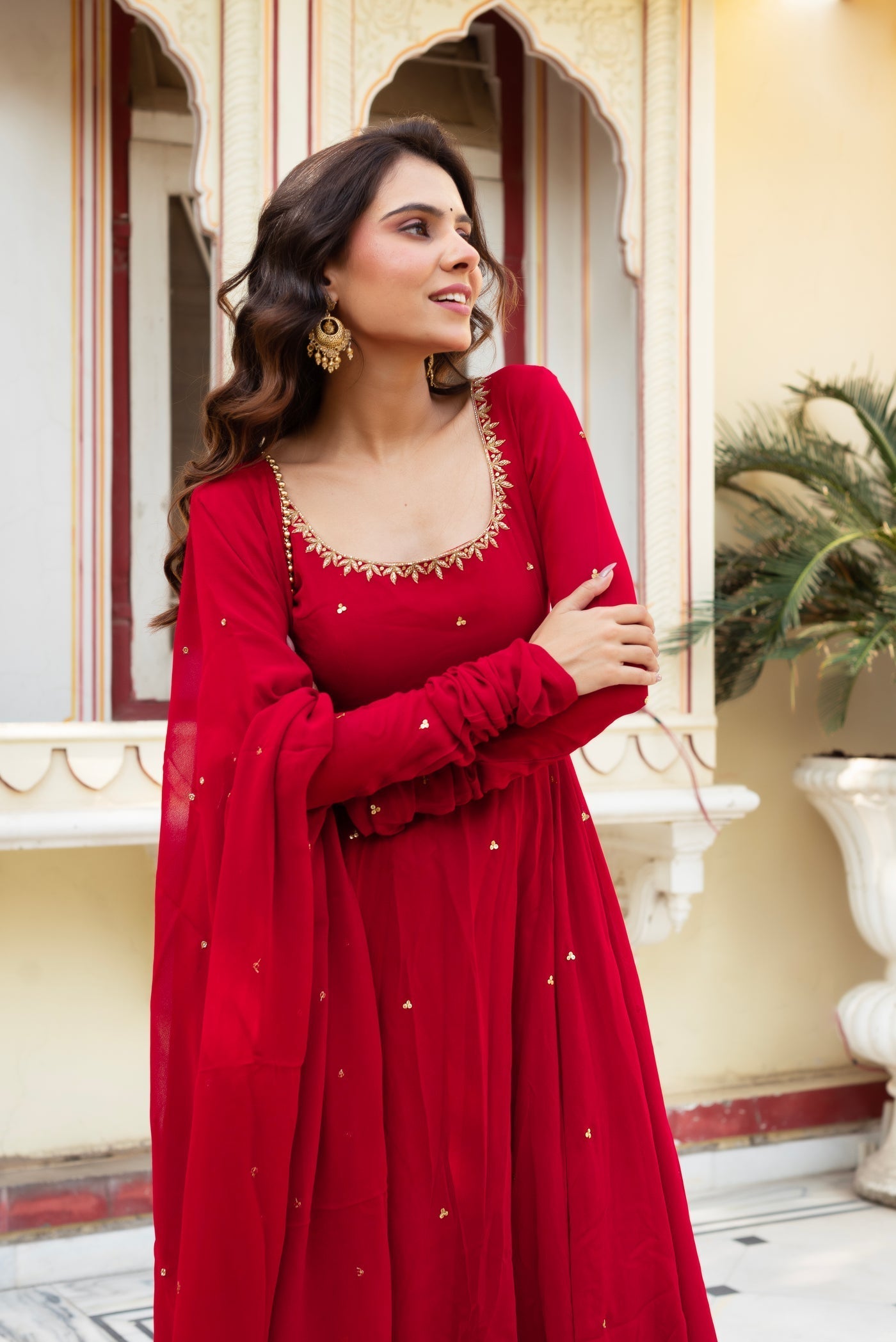 Festive Red Georgette Anarkali Suit Set with Dupatta for Women