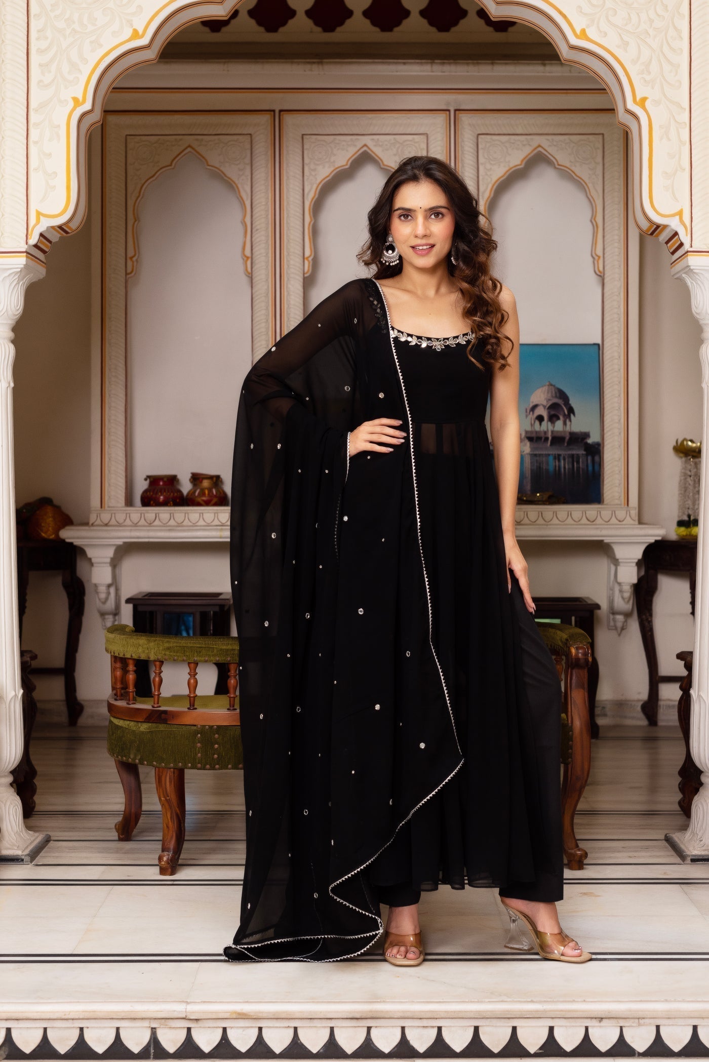 Stylish Red Hand Mirror Work Anarkali Set
