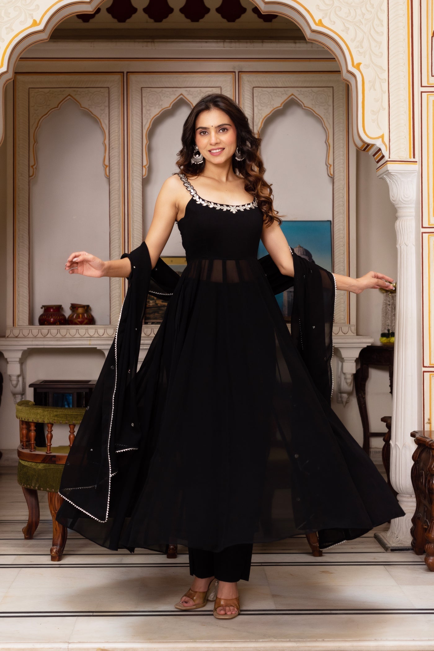 Red Hand Mirror Work Anarkali Set