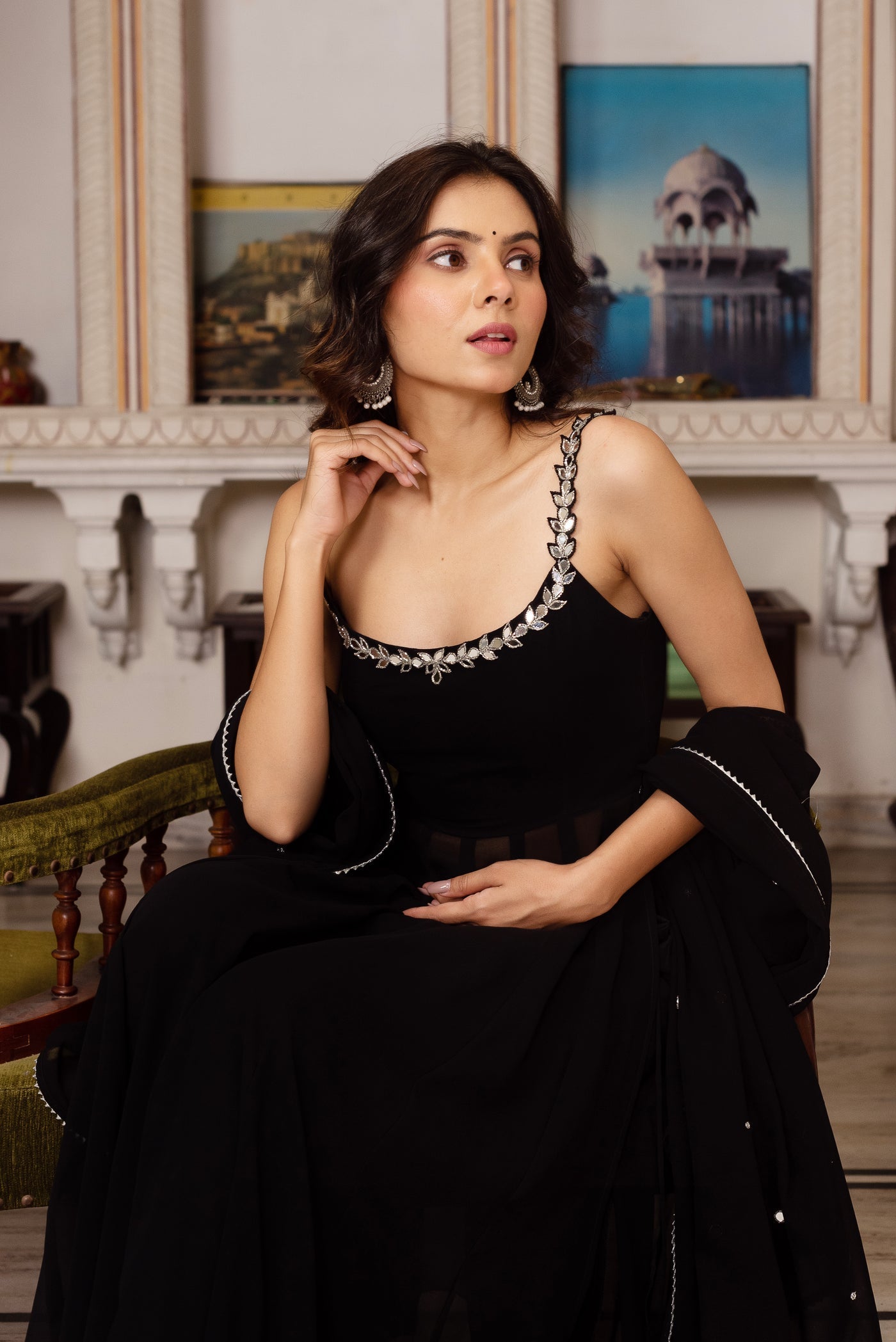 Red Hand Mirror Work Anarkali Set