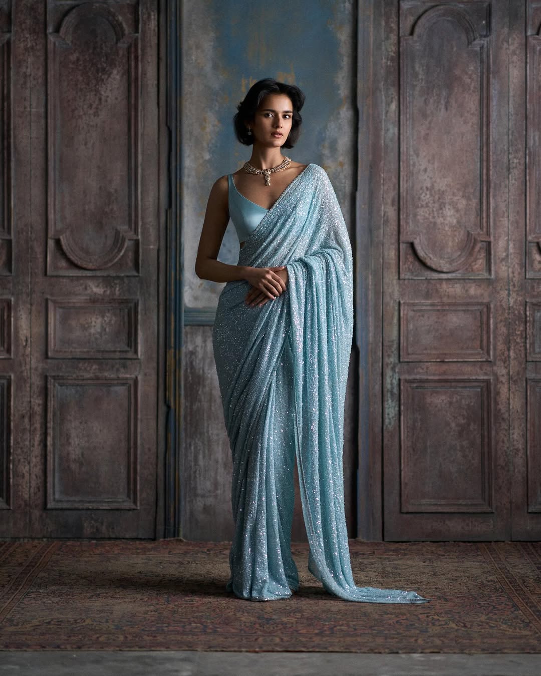 Bollywood-Style Sky Blue Sequin Party Wear Saree with Blouse | Wedding Reception & Party Wear Saree for Women