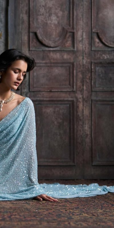 Bollywood-Style Sky Blue Sequin Party Wear Saree with Blouse | Wedding Reception & Party Wear Saree for Women