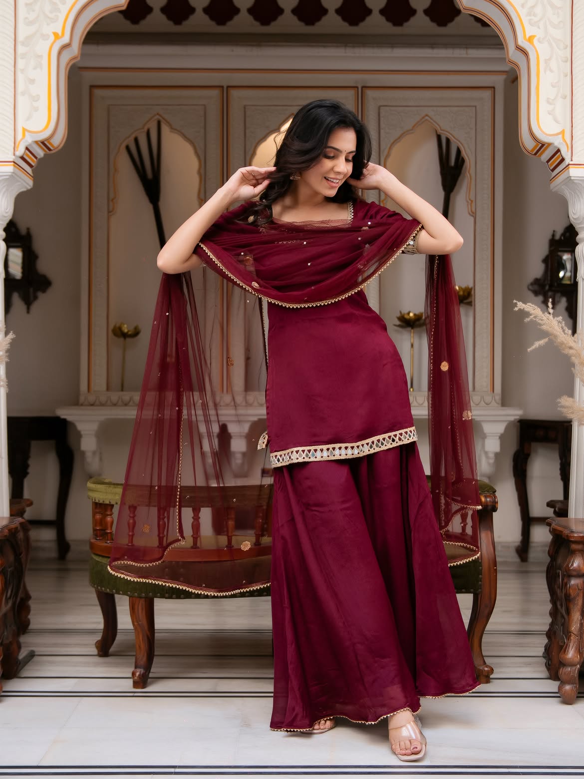 Festive Wear Wine Maroon Palazzo Suit Set with Soft Net Dupatta for Women