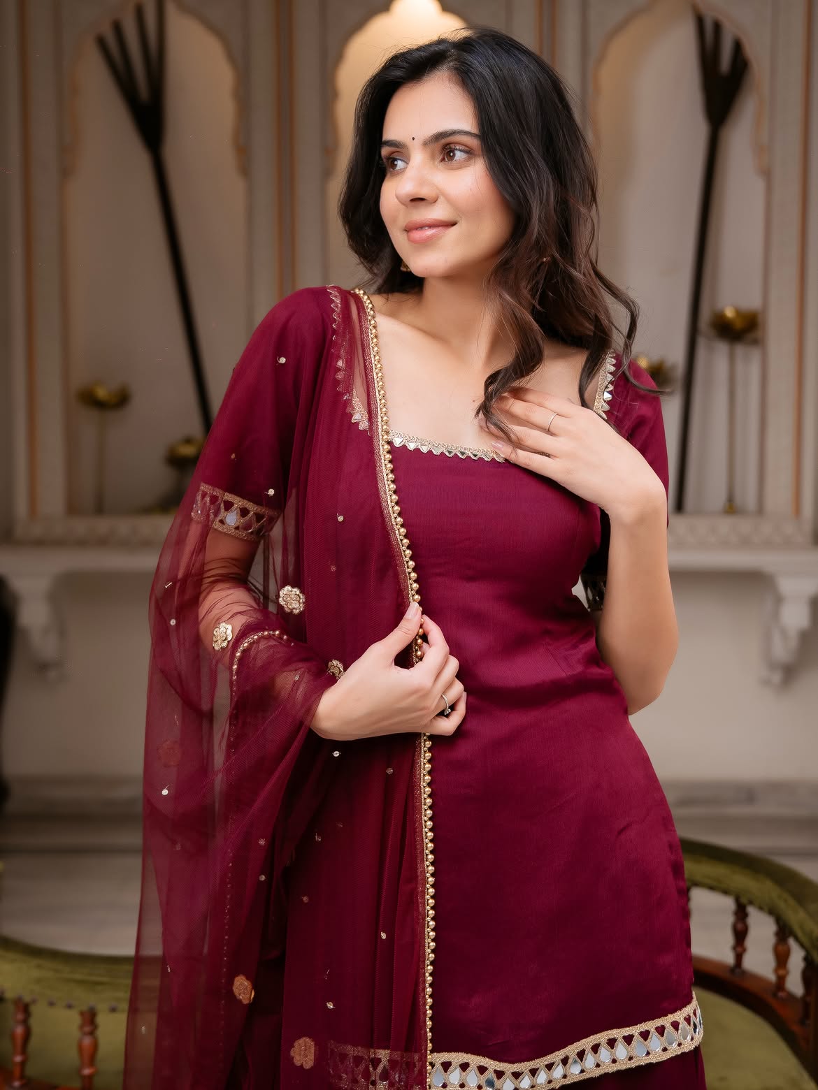 Festive Wear Wine Maroon Palazzo Suit Set with Soft Net Dupatta for Women