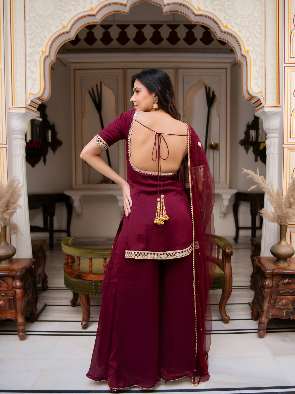 Festive Wear Wine Maroon Palazzo Suit Set with Soft Net Dupatta for Women