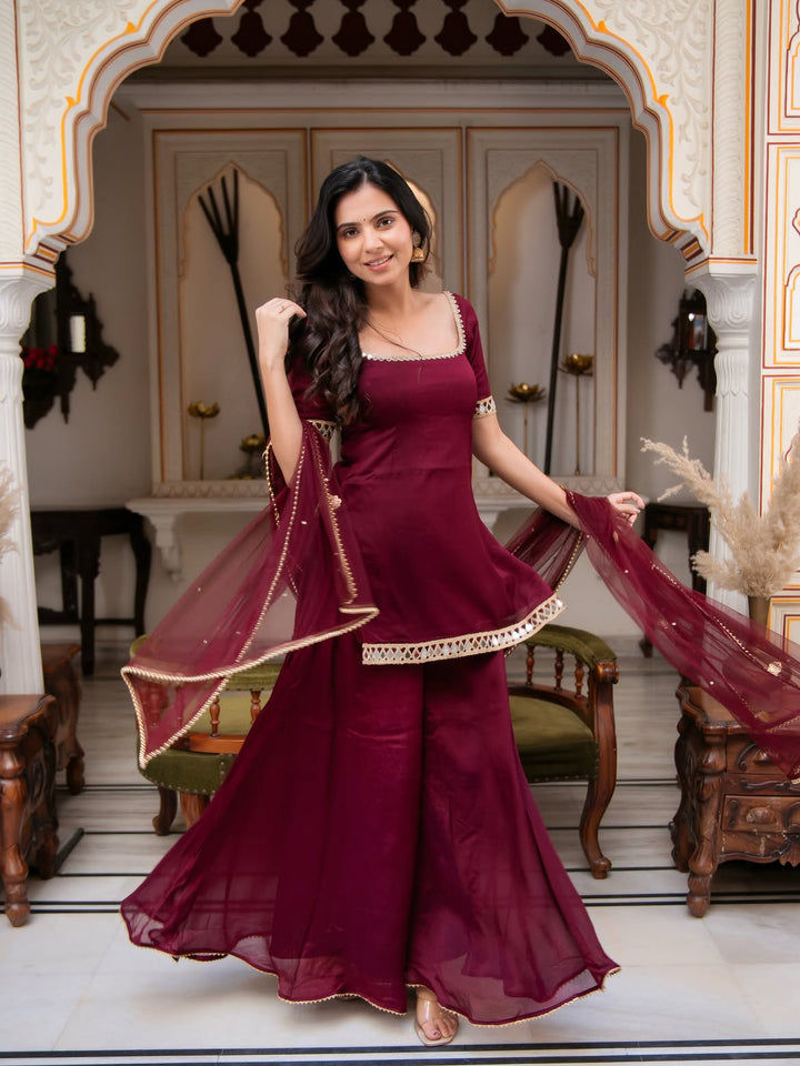 Festive Wear Wine Maroon Palazzo Suit Set with Soft Net Dupatta for Women