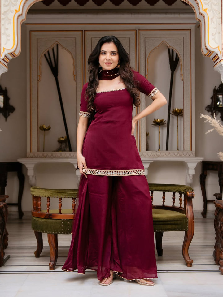 Festive Wear Wine Maroon Palazzo Suit Set with Soft Net Dupatta for Women