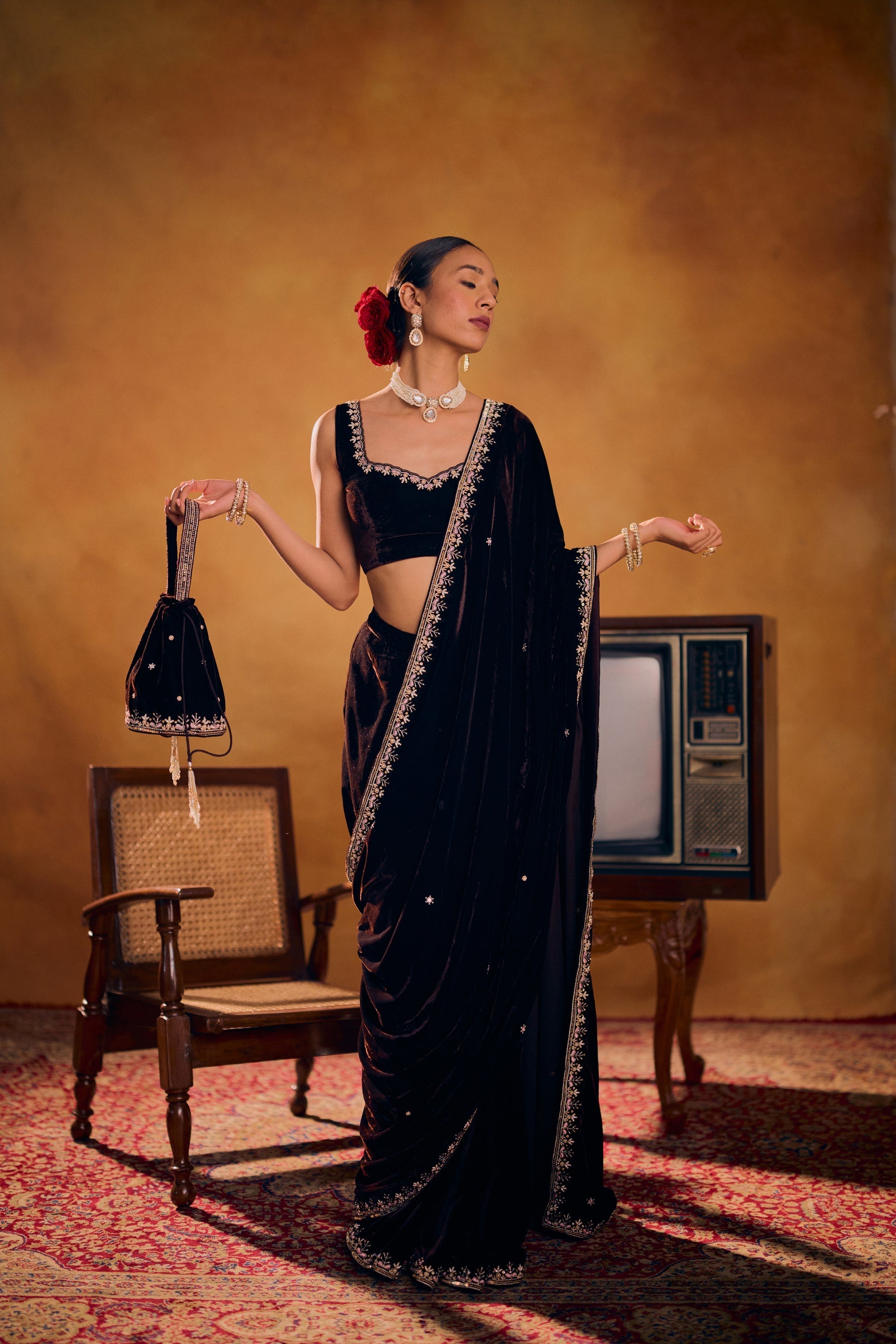 Nusrat Luxury Soft Velvet Saree Set with Zari & Embroidery