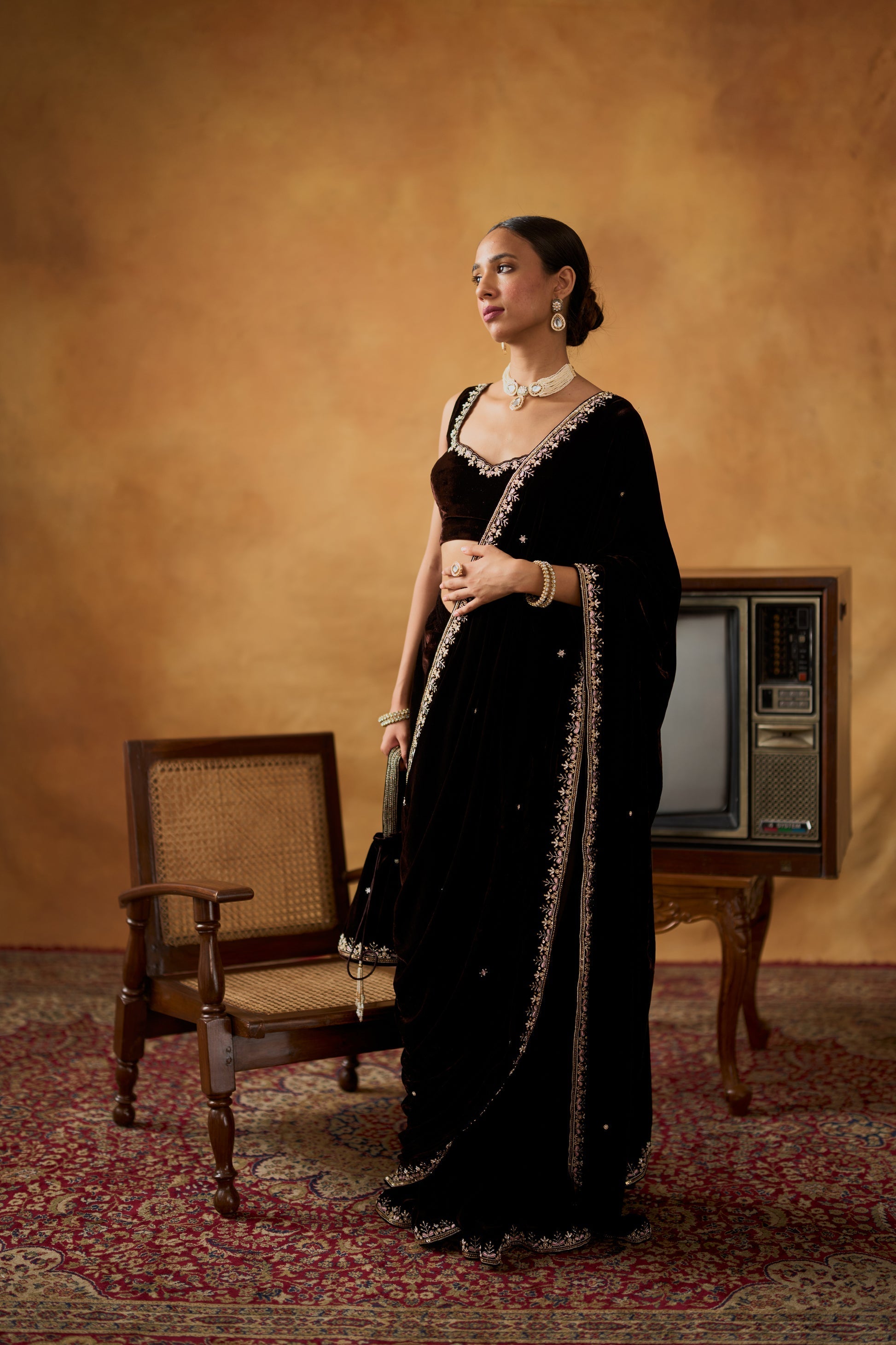 Nusrat Luxury Soft Velvet Saree Set with Zari & Embroidery