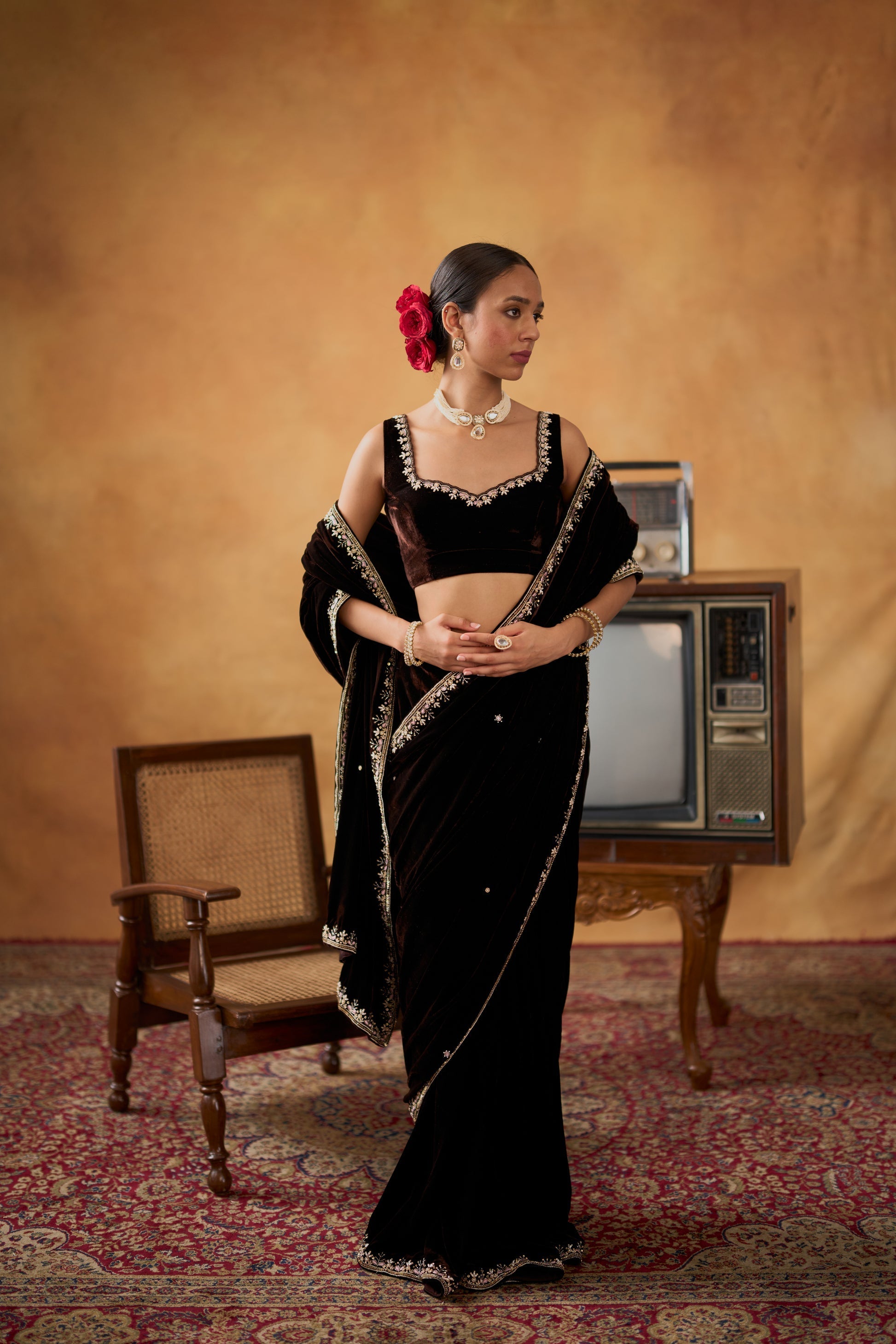 Nusrat Luxury Soft Velvet Saree Set with Zari & Embroidery