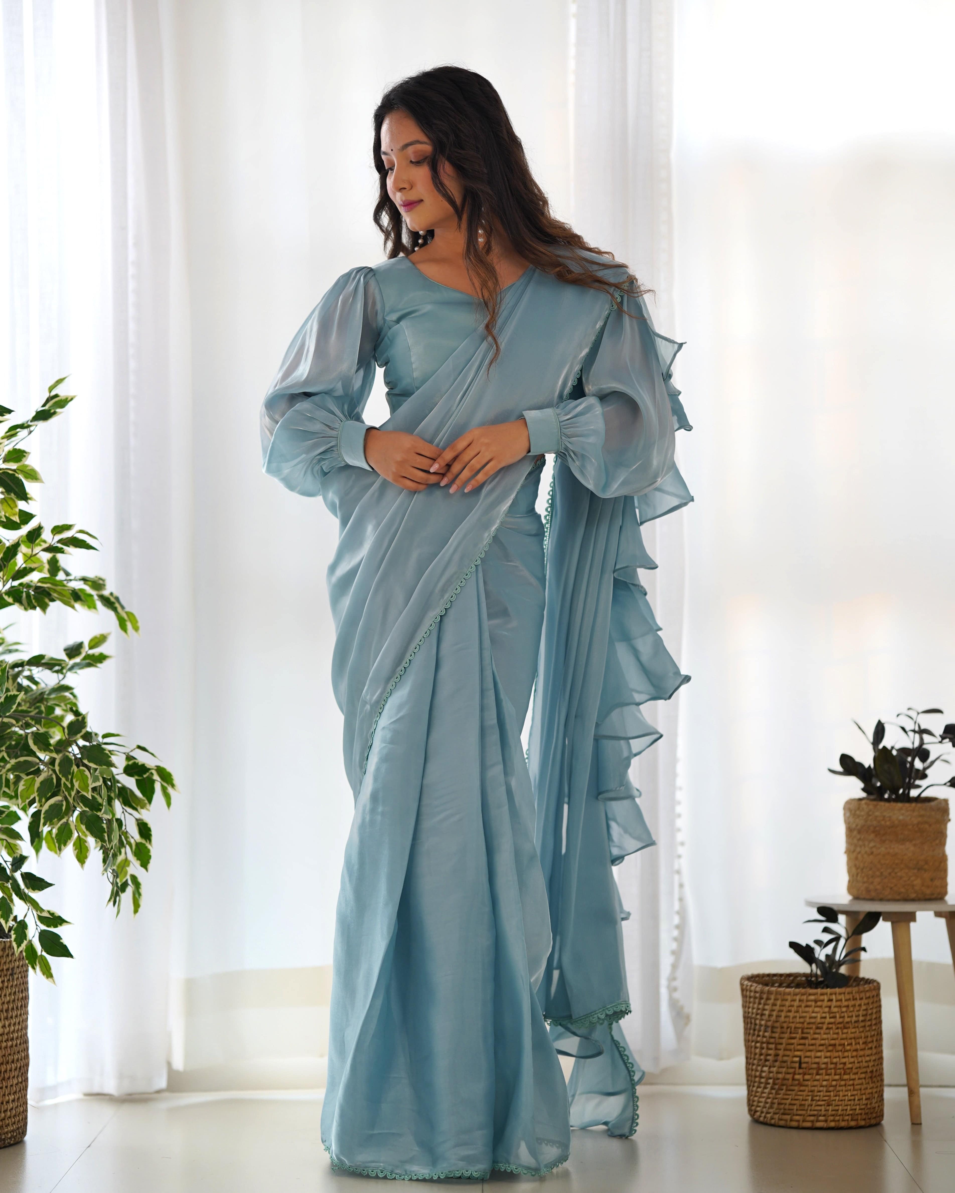 Alluring Jimmi Organza Silk Fully Stitched Ready To Wear Saree - Ethnicwish