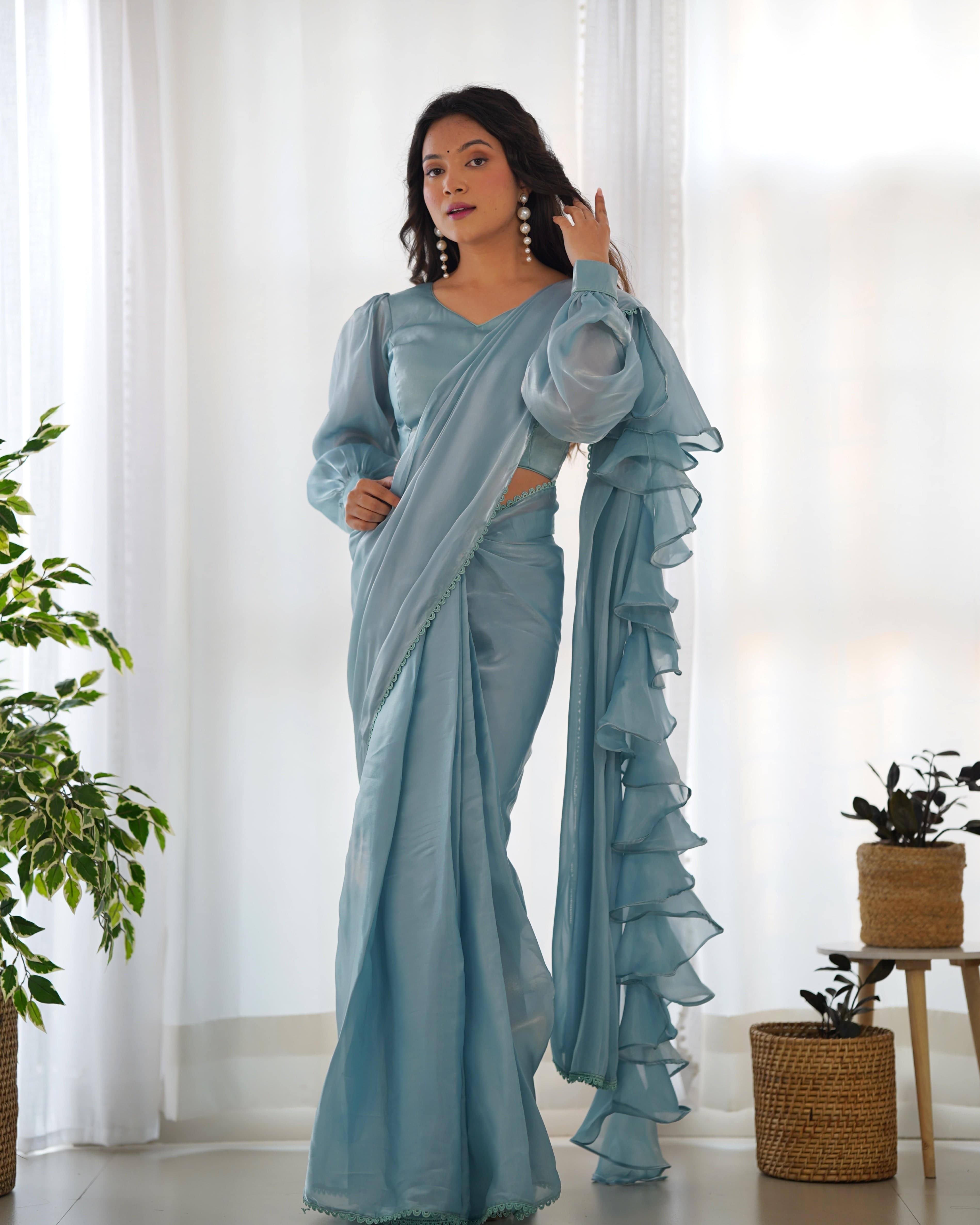 Alluring Jimmi Organza Silk Fully Stitched Ready To Wear Saree - Ethnicwish
