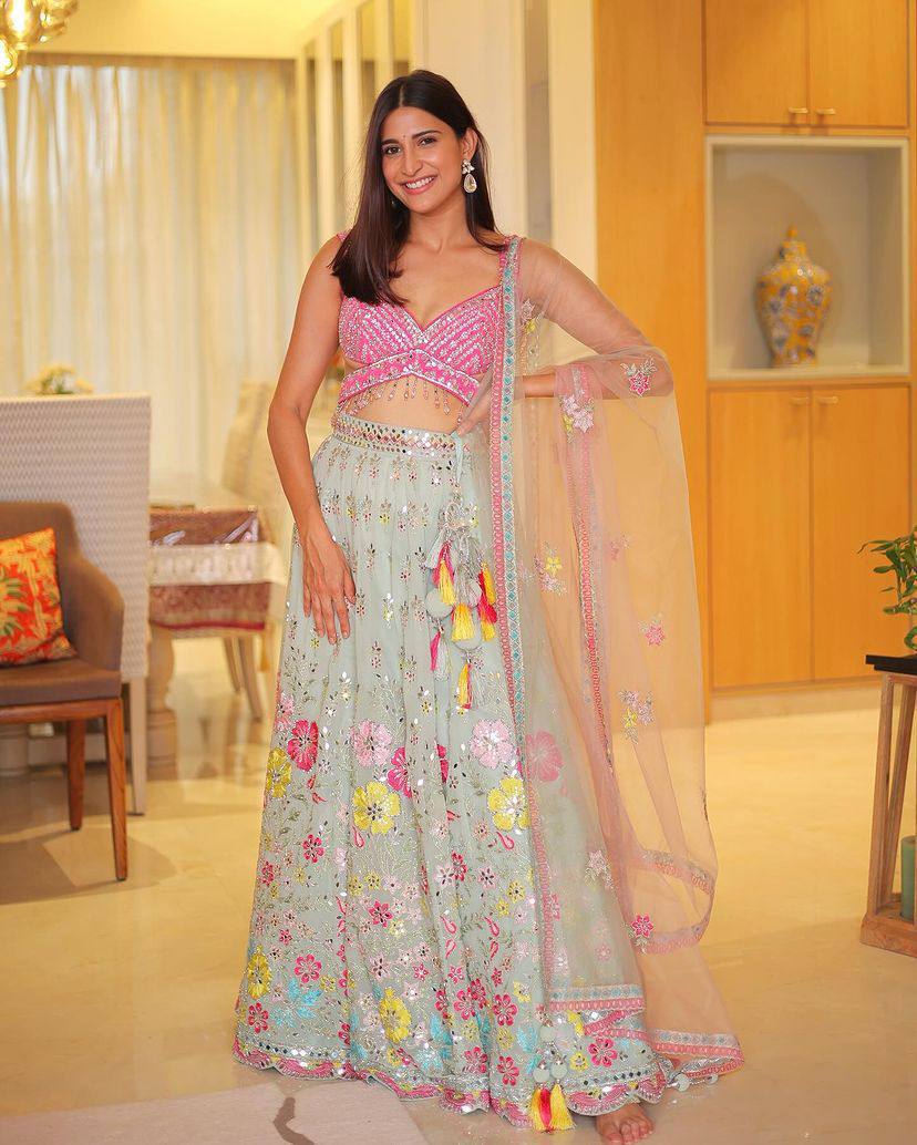 Premium Real Mirror Work Lehenga Choli with Pink Embroidered Blouse & Butterfly Net Dupatta