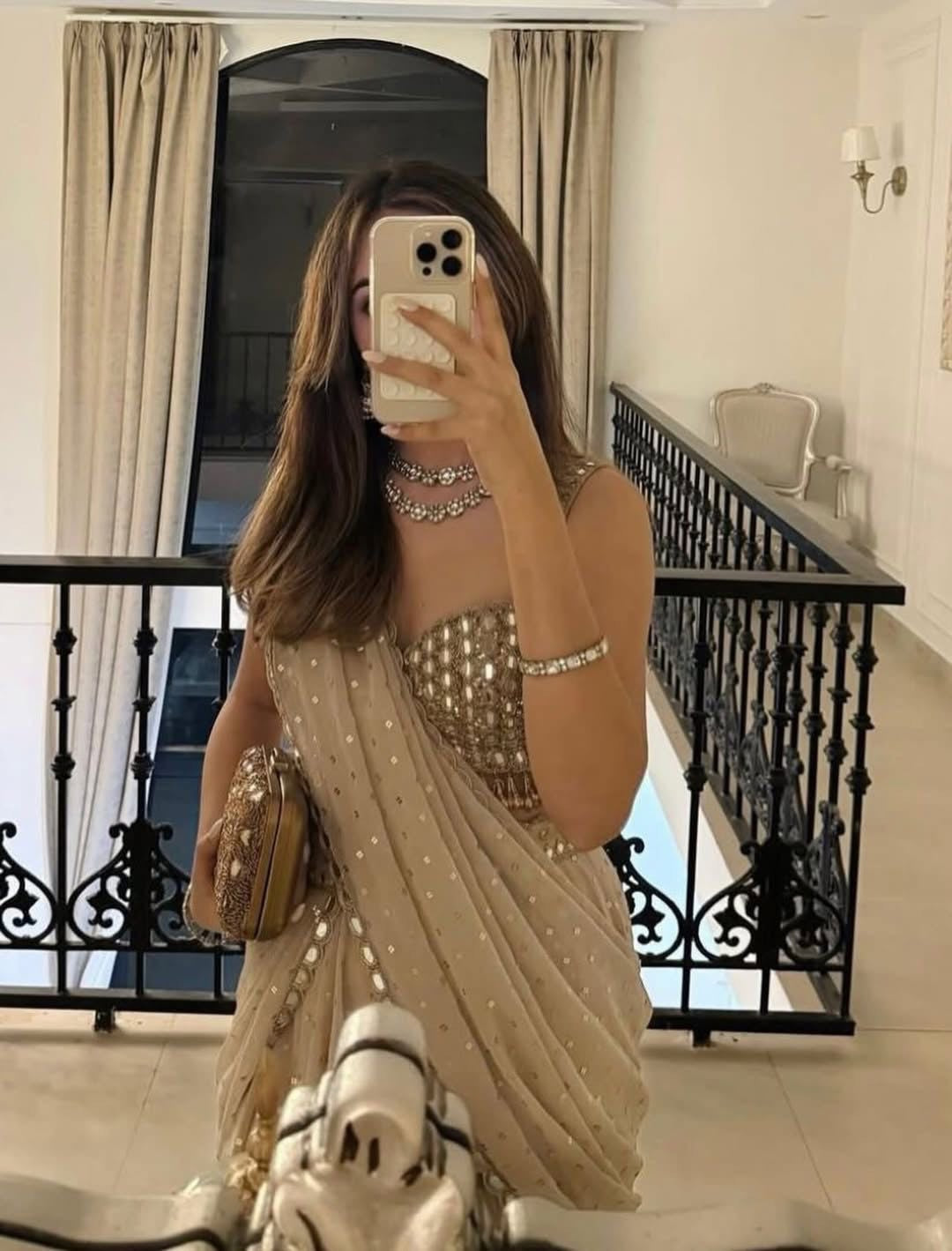 Weddings Wear Champagne gold Mirror Work Ready-to-Wear Lehenga Saree For Women