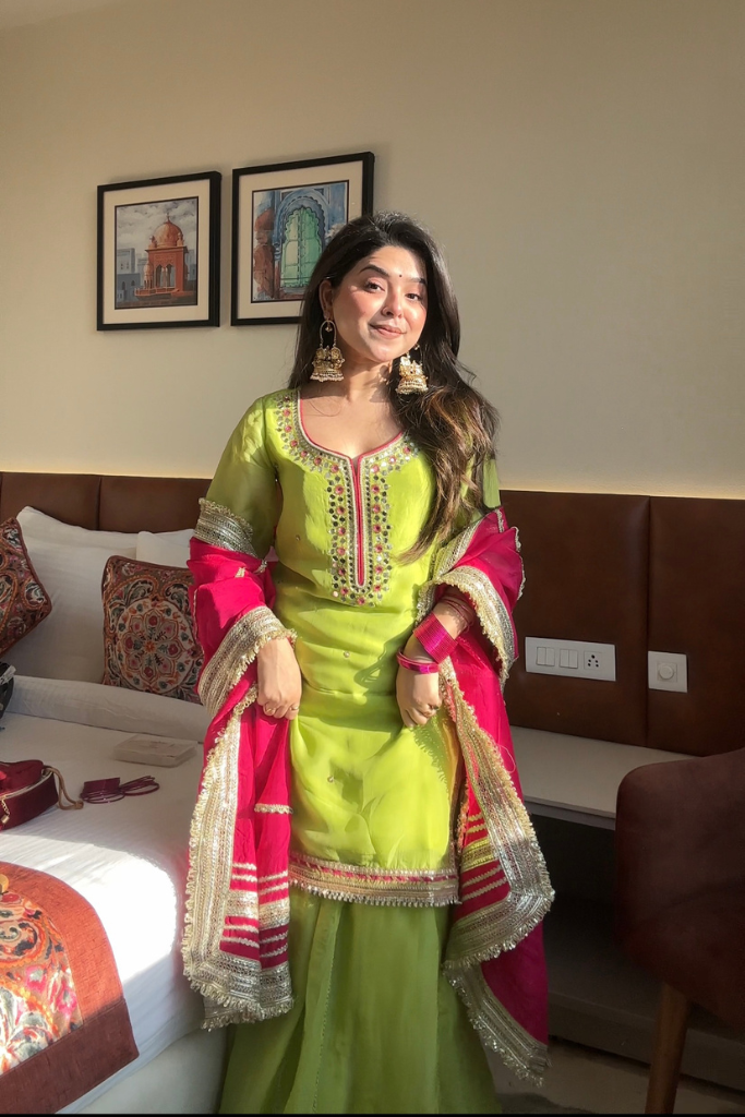 Parrot Color Palazzo Suit – Luxury Thread & Sequins Embroidery