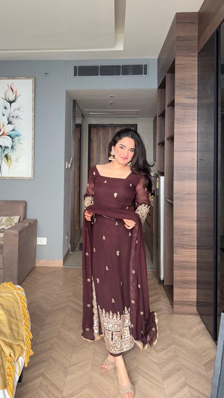 Wine Brown Heavy Faux Georgette Sequin Embroidery & Designer Kurta Pant Set with Dupatta | Festive Party Wear Suit